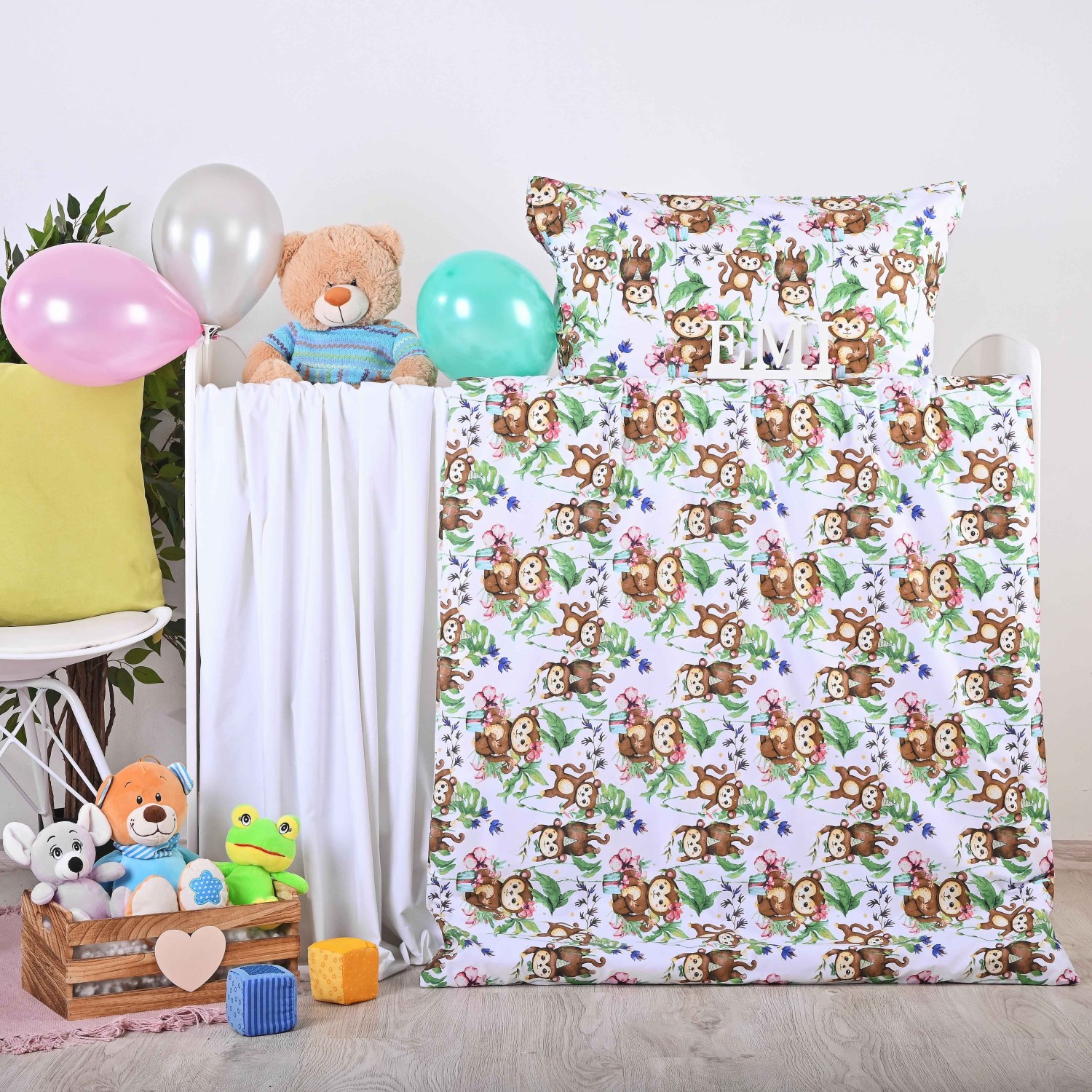 set_complet_lenjerie_pat_monkey_maimutica_bumbac_durabil_5_foto
